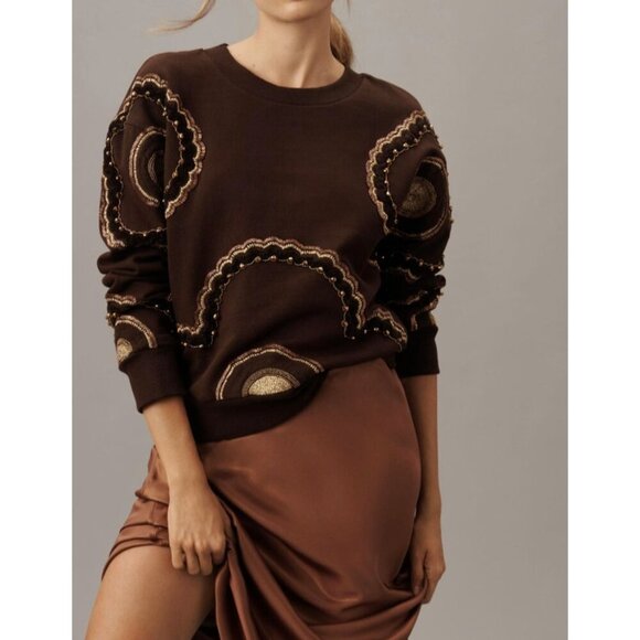 Ollari Brown Embroidered Beaded Sweatshirt 2X - Picture 1 of 10
